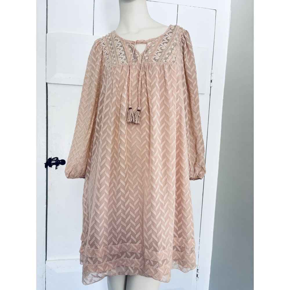 Anthropologie One September Anwen Mini Dress Women's S Pink Chevron Peasant Boho